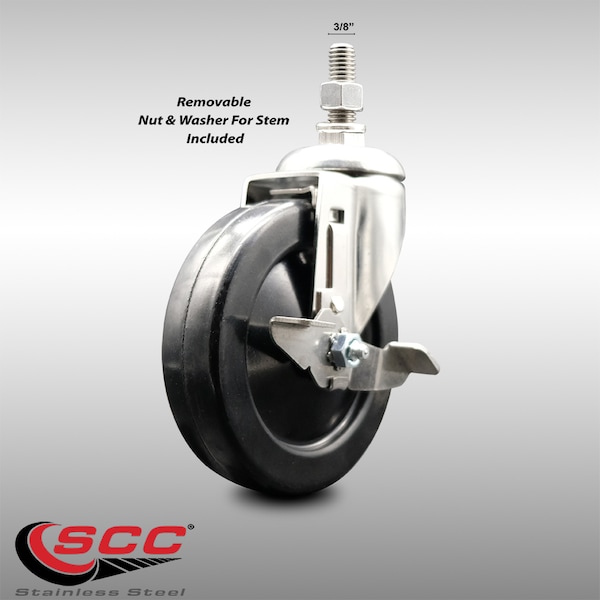 Service Caster 5 Inch 316SS Soft Rubber Wheel Swivel 3/8 Inch Threaded Stem Caster with Brake SCC-SS316TS20S514-SRS-TLB-381615 - main